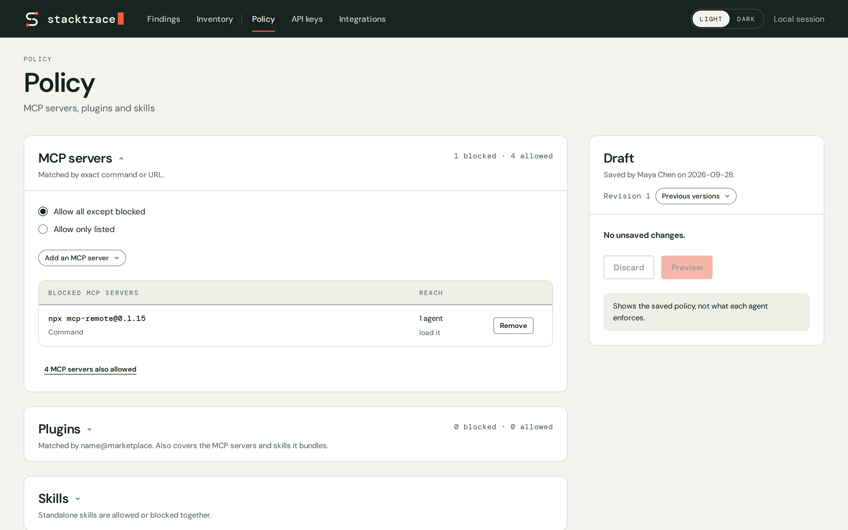 Stacktrace Fleet Policy: MCP servers allowed except one blocked, with the saved revision