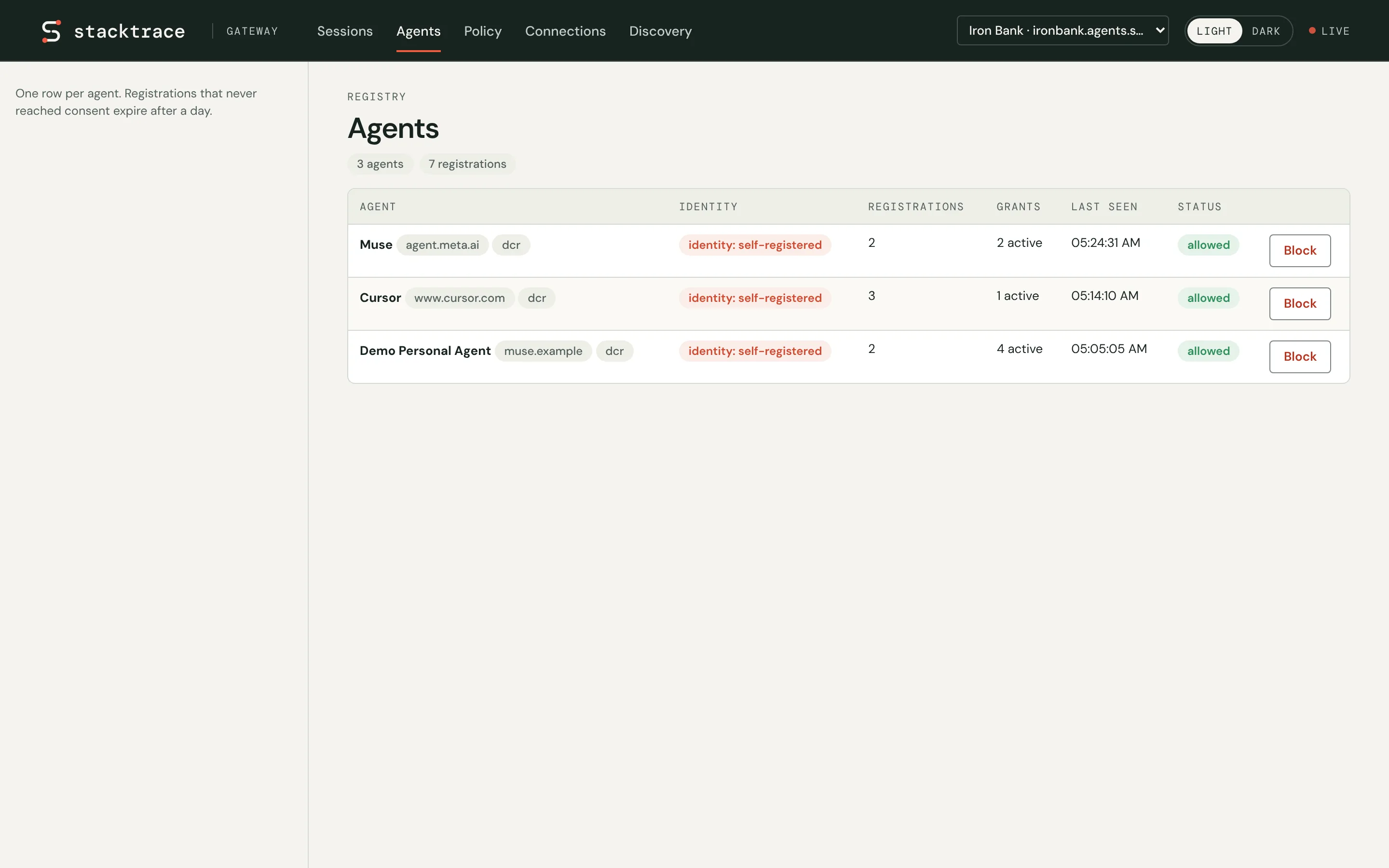 Stacktrace Personal Agent Gateway agents registry: Muse anchored to agent.meta.ai, Cursor to cursor.com, each with its identity grade, registrations, grants and status