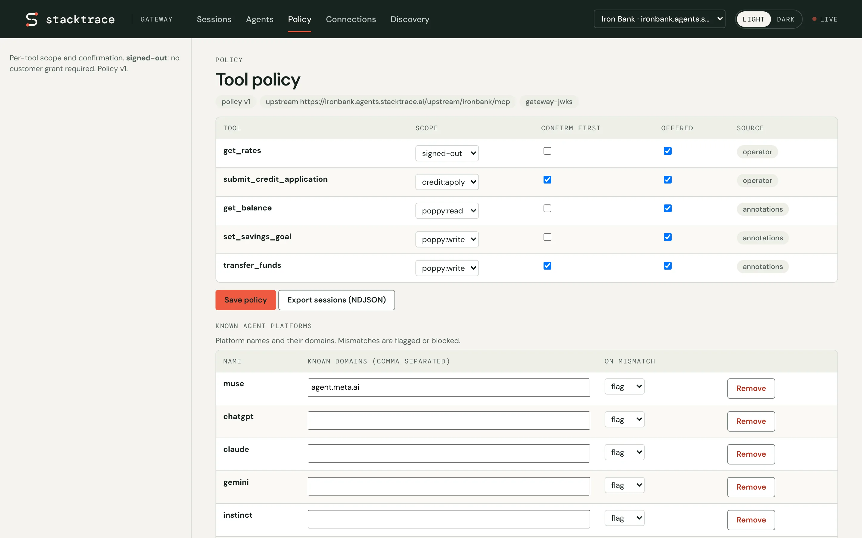 Stacktrace Personal Agent Gateway policy: five tools with their scope and confirm-first setting, and the known agent platforms pinned to their domains