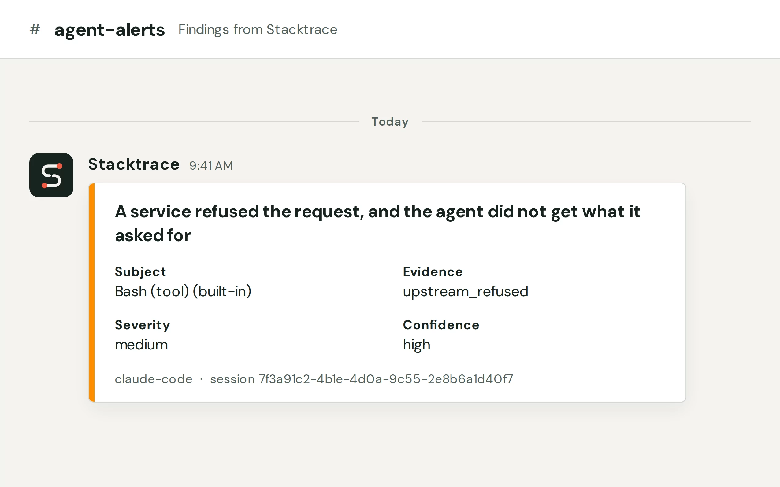 A Stacktrace message in the #agent-alerts Slack channel with the subject, evidence and severity